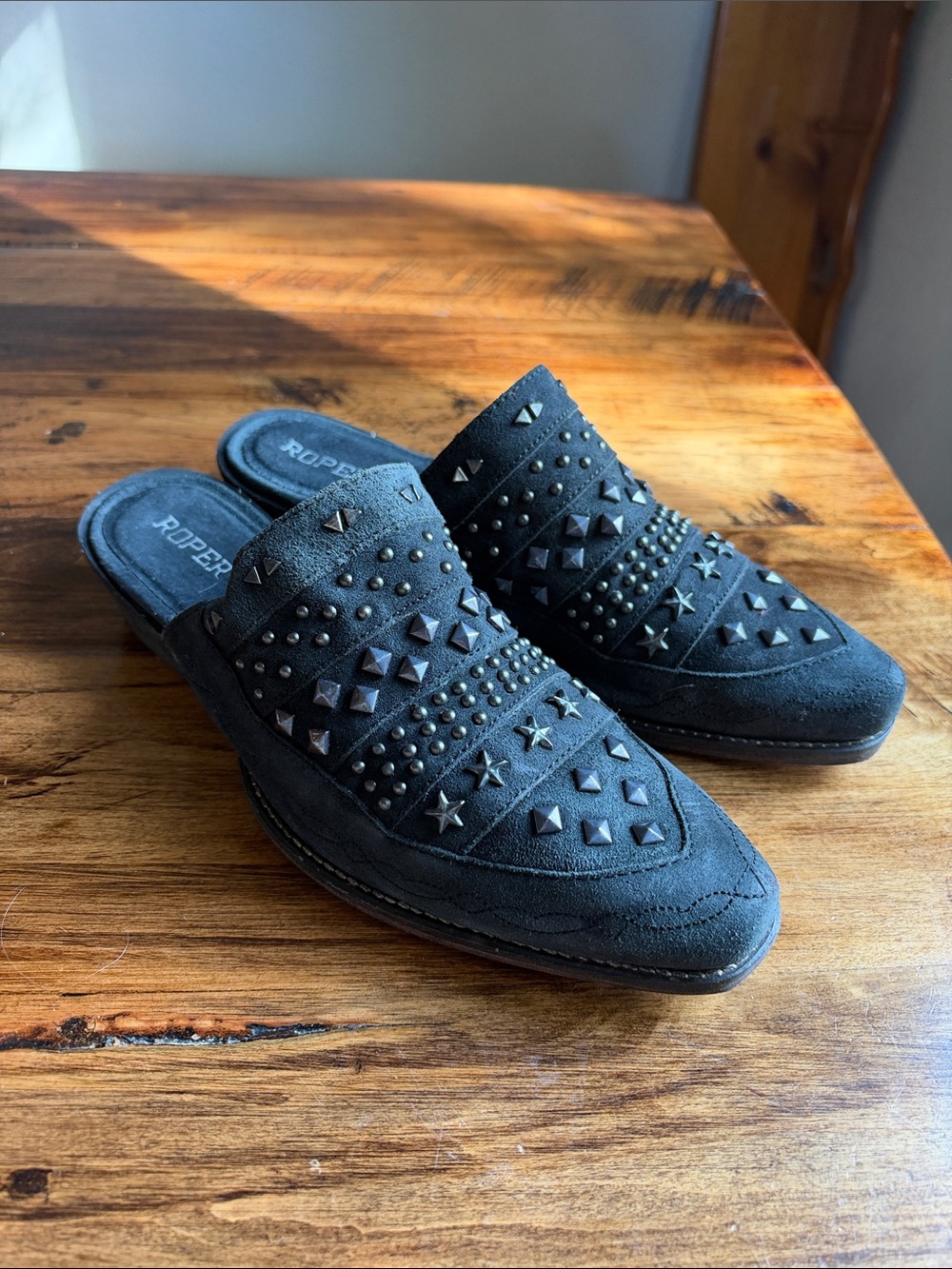 Roper Women’s Black Studded Suede Slip-On Mules 10